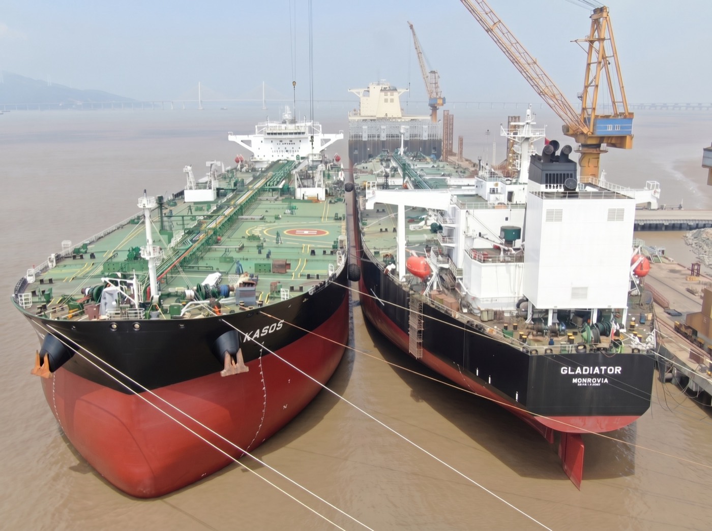 Tankers Kasos and Gladiator berthed side by side at the yard