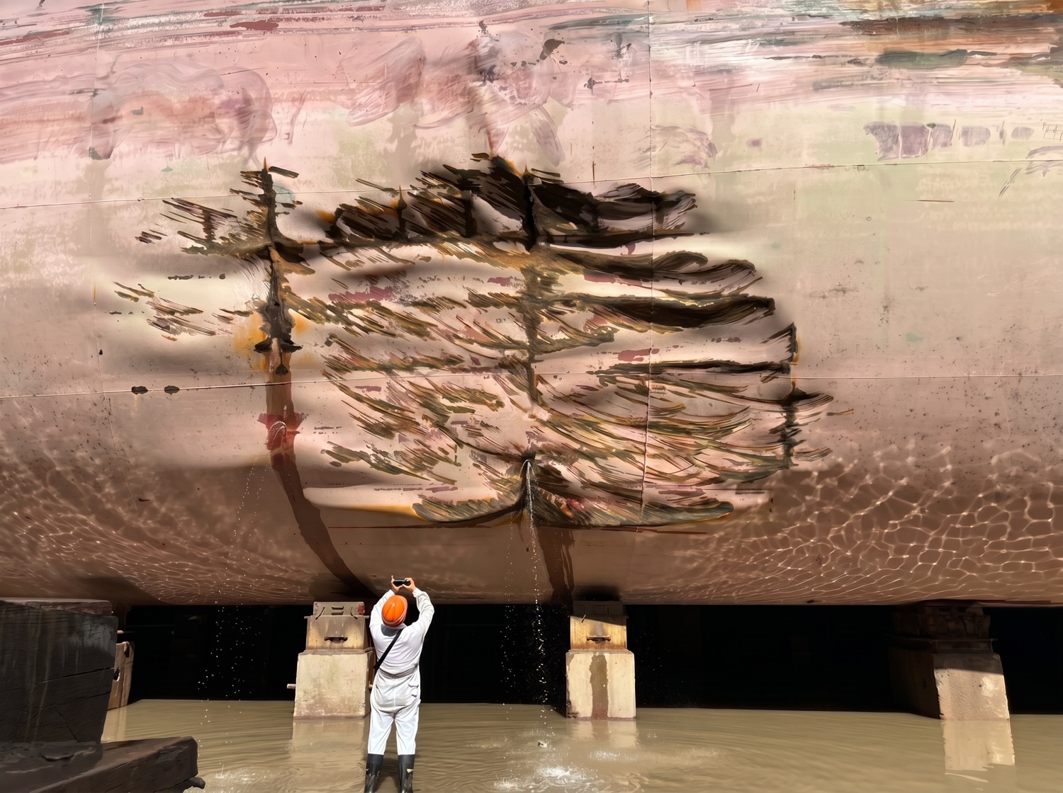 Fouled hull being blasted in drydock