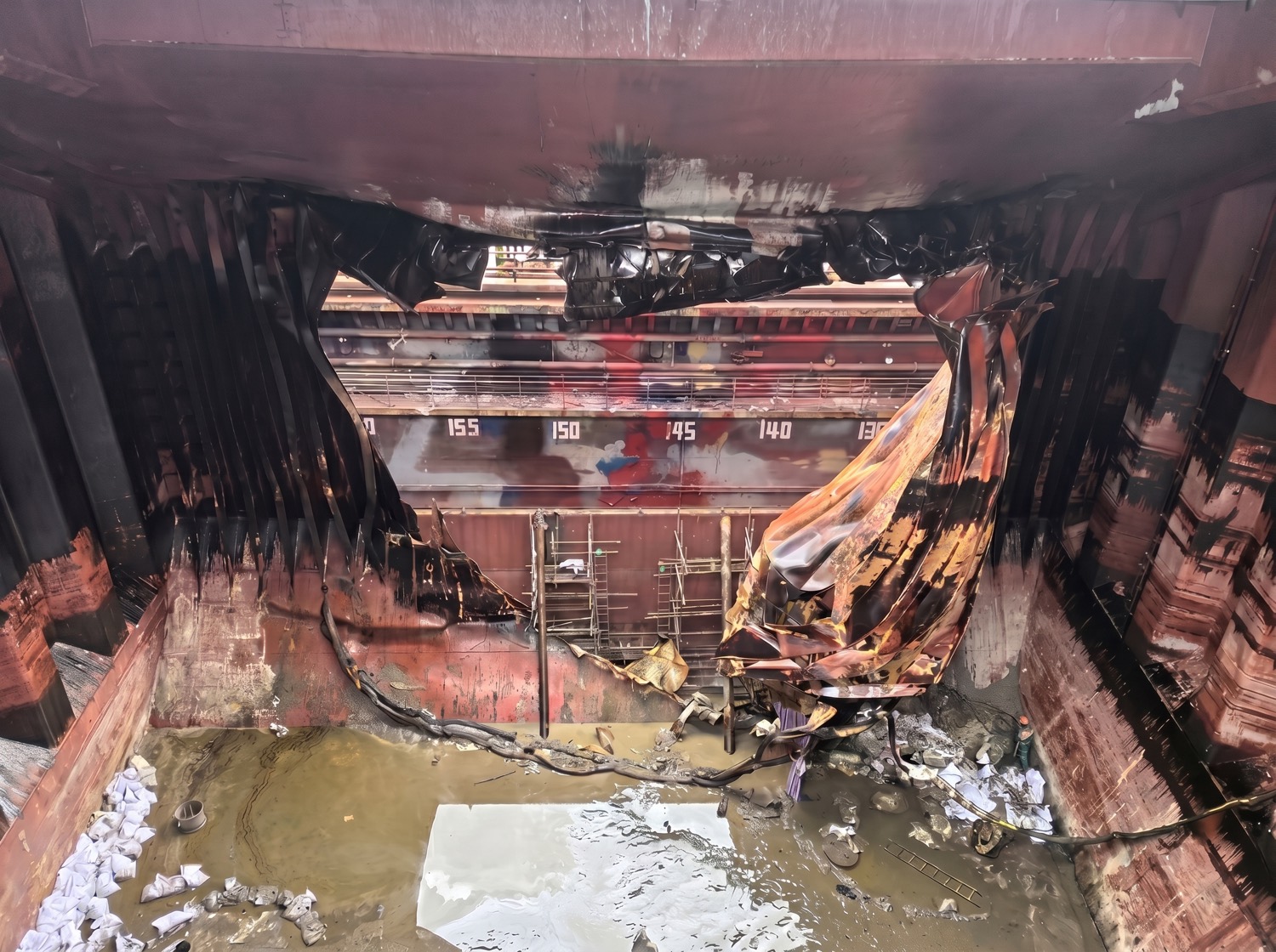 Flooded, debris-filled hold before repair